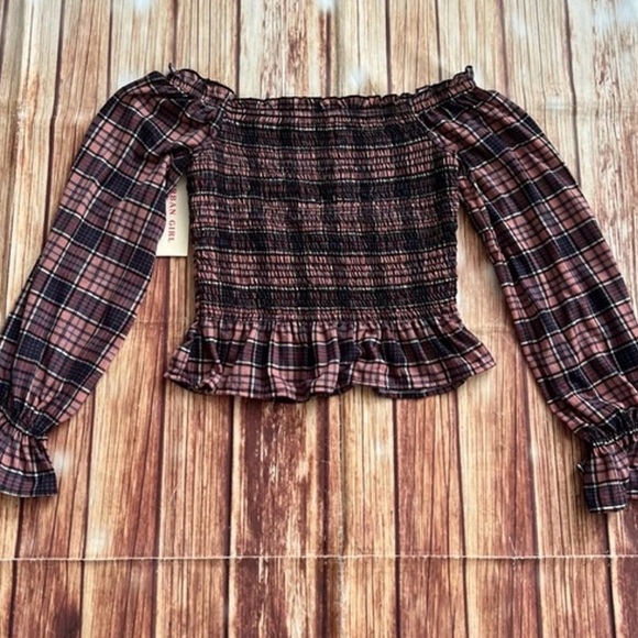 Urban Girl Women’s Plaid Smocked Off Shoulder Crop Top Boho Peplum Size Small - Picture 5 of 11